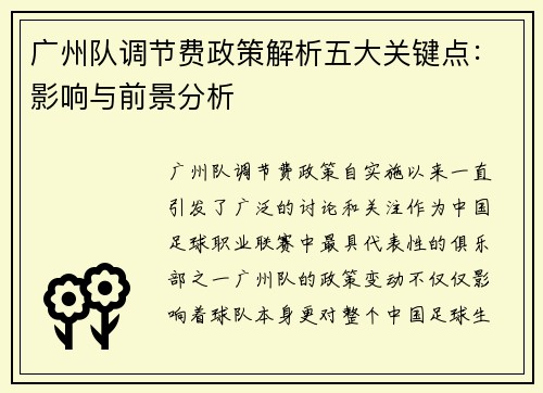 广州队调节费政策解析五大关键点:影响与前景分析